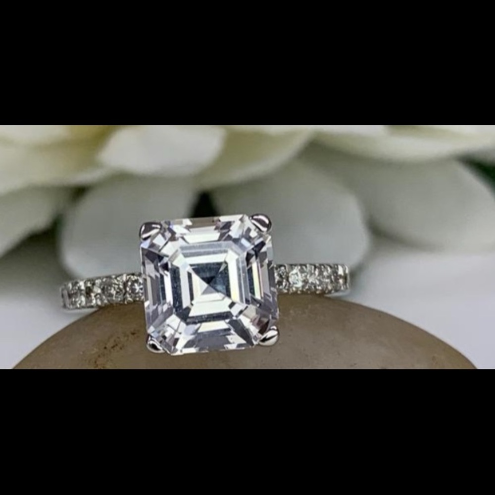 ASSCHER WHITE SAPPHIRE ENGAGEMENT RING SOLID GOLD